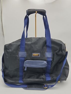Versace Black and Blue Duffel Bag with Gold Logo Plate